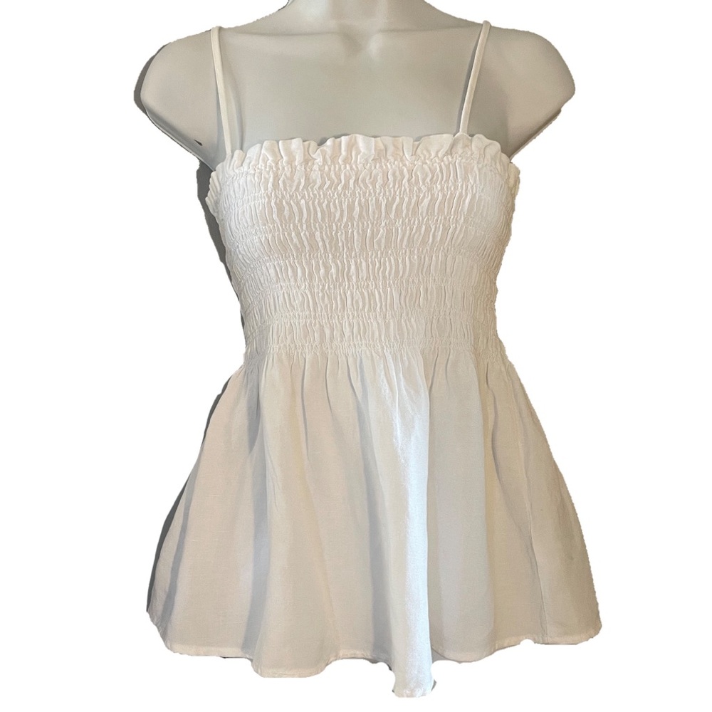 Cloth & Stone - White Coastal Cottage Smocked Linen Tank Top - Sz M - NWT